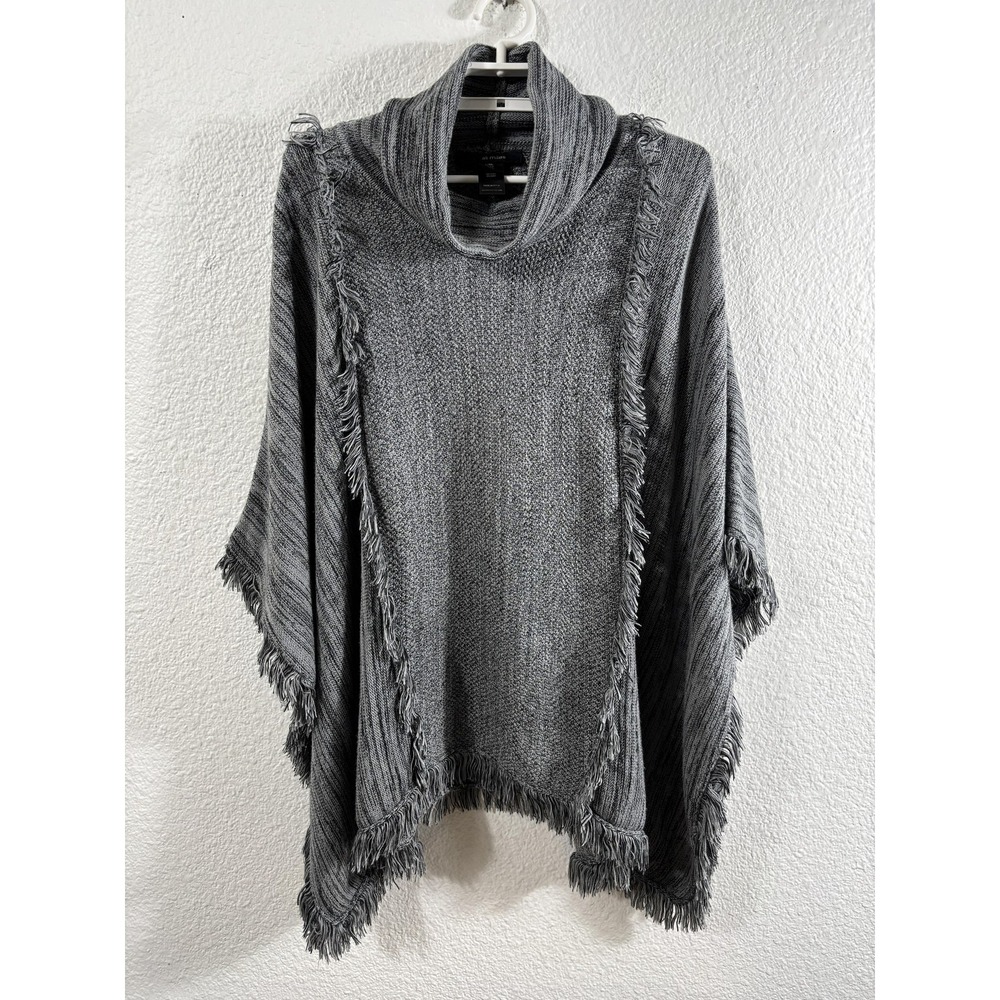 Ali Miles Poncho Sweater Womens L/XL Gray Cowl Neck Fringe Knit Oversized Poncho